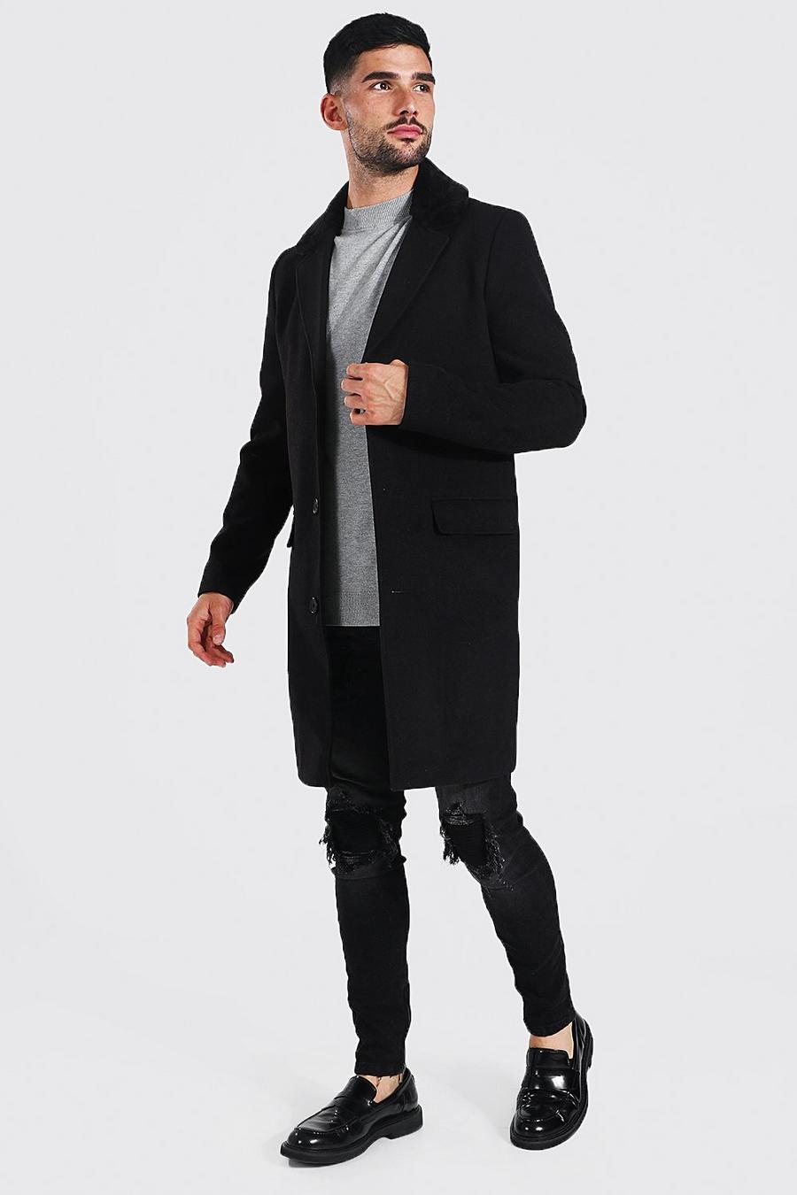 Smarter einreihiger Mantel mit Kragen aus Fellimitat, Schwarz image number 1