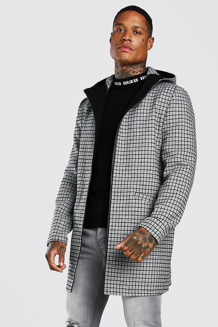 Grey Grid Check Hooded Overcoat image number 1