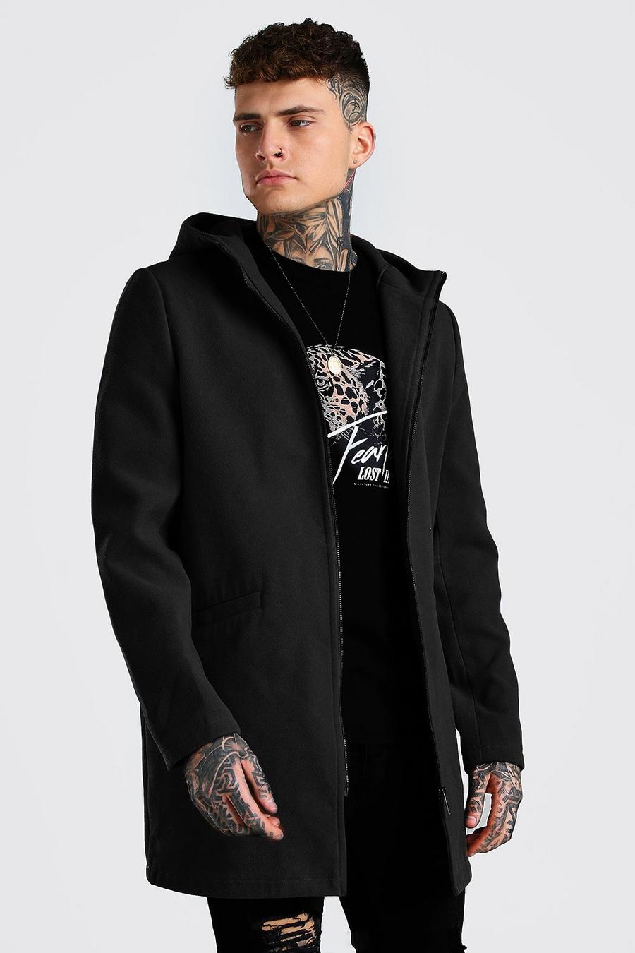 Black Zip Through Hooded Overcoat image number 1
