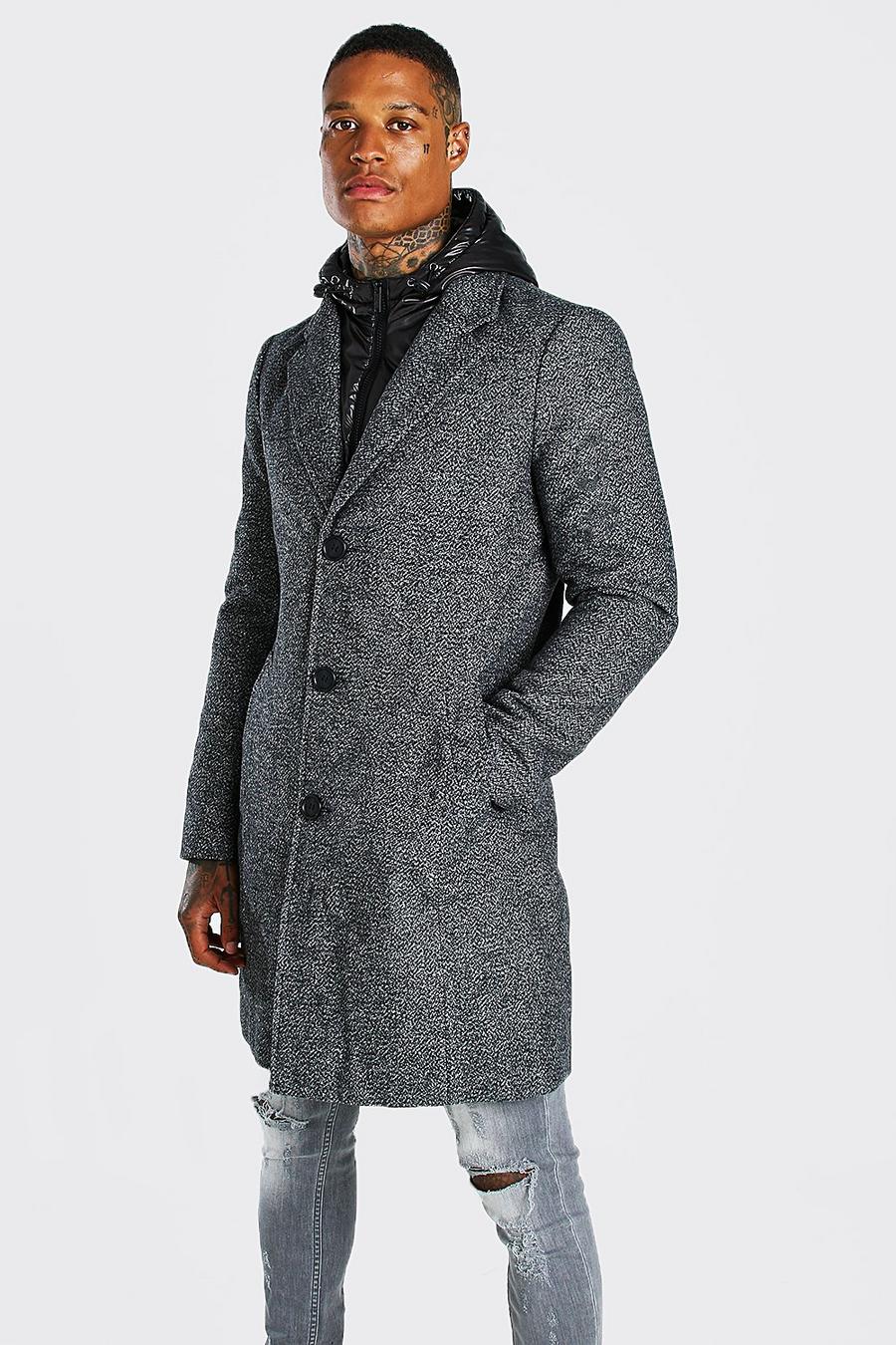 Grey Overcoat With Zip Through Hooded Puffer image number 1