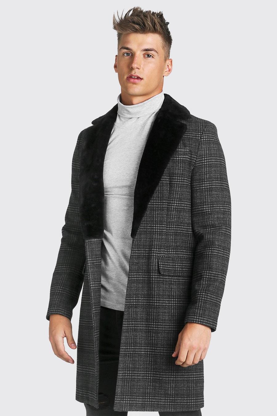 Grey Check Single Breasted Overcoat With Faux Fur Collar image number 1