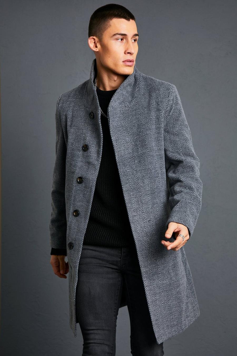 Charcoal Funnel Neck Herringbone Overcoat With Button image number 1