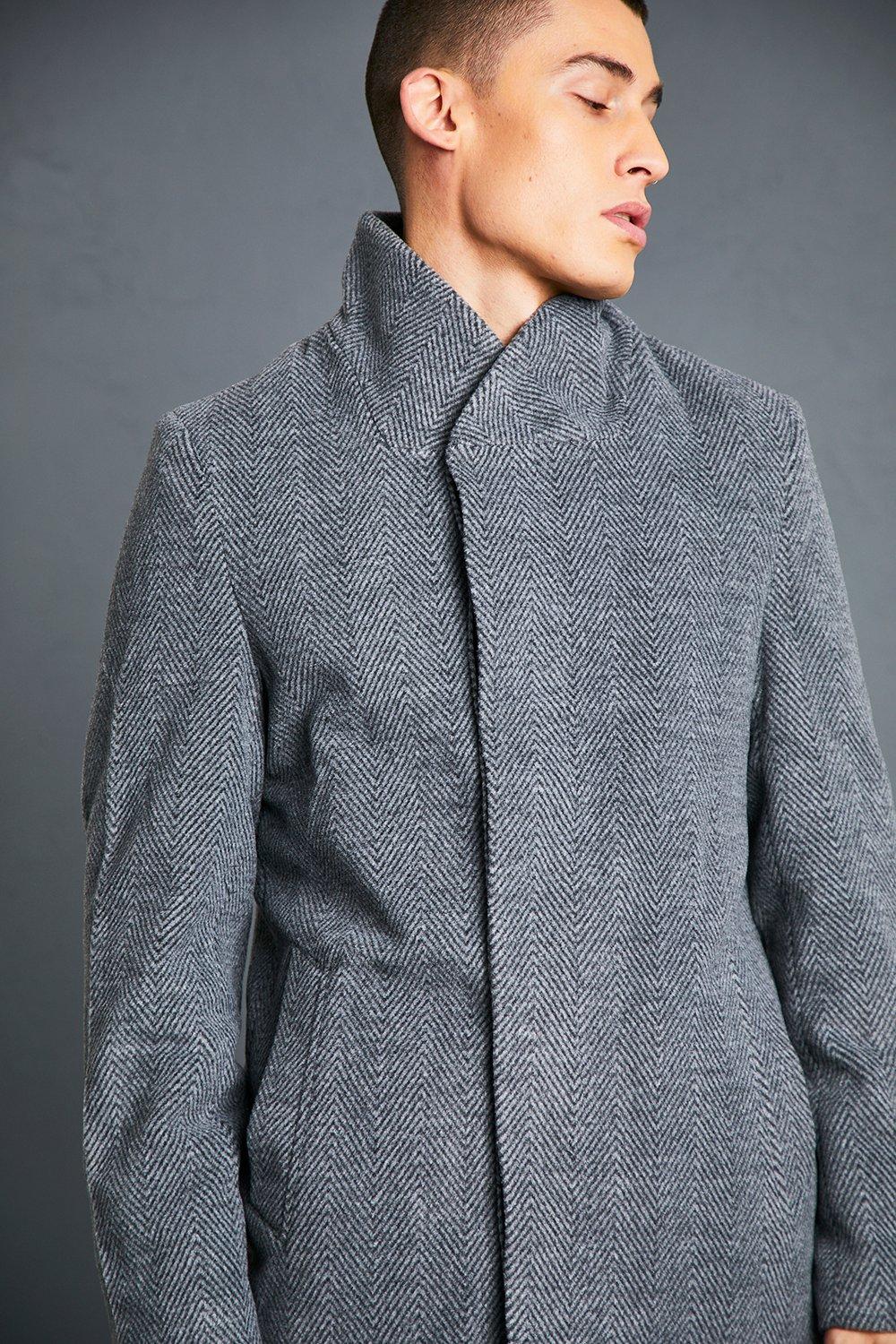 Funnel Neck Herringbone Overcoat | tunersread.com