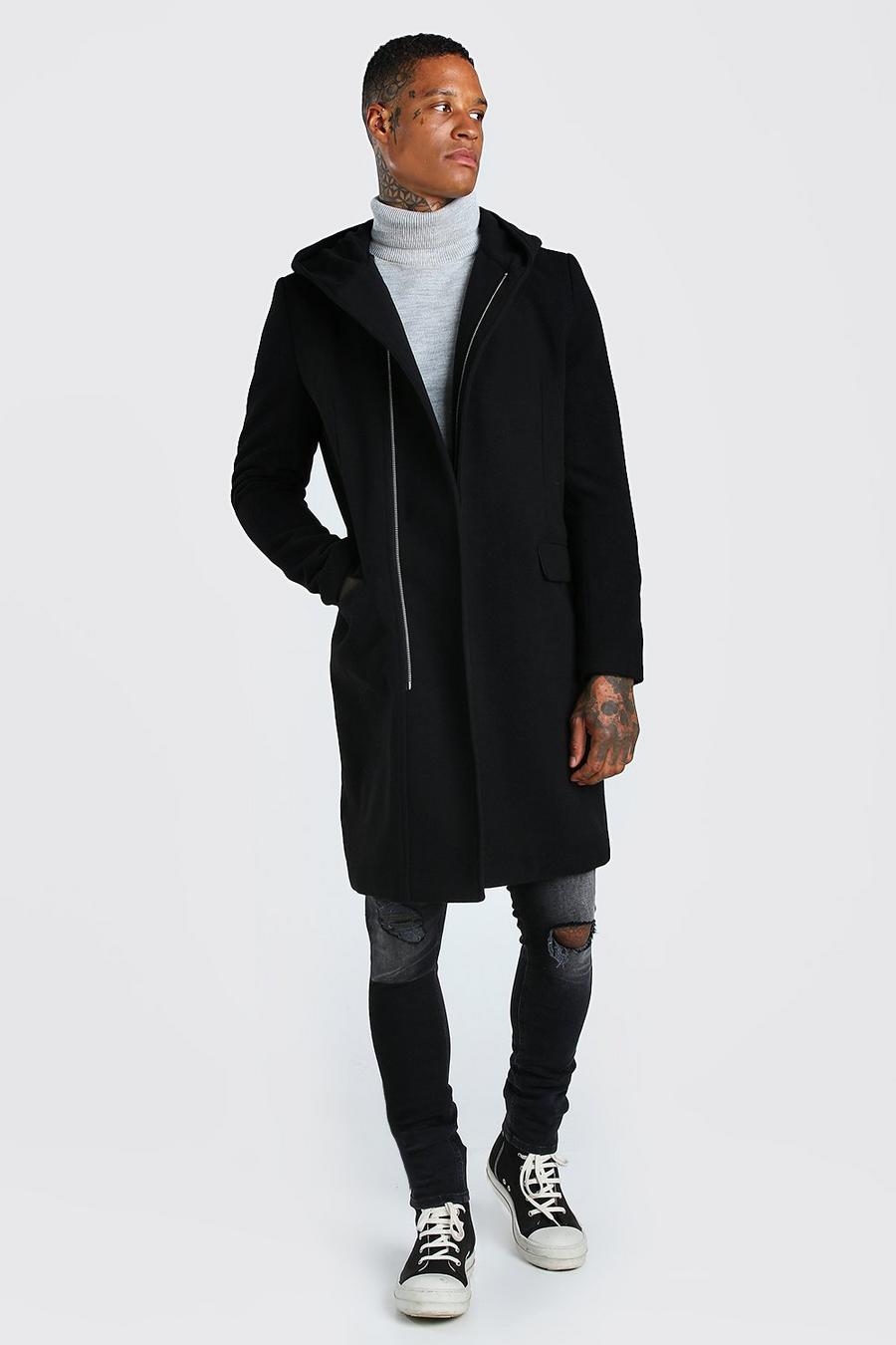 Black Concealed Zip Through Hooded Overcoat image number 1