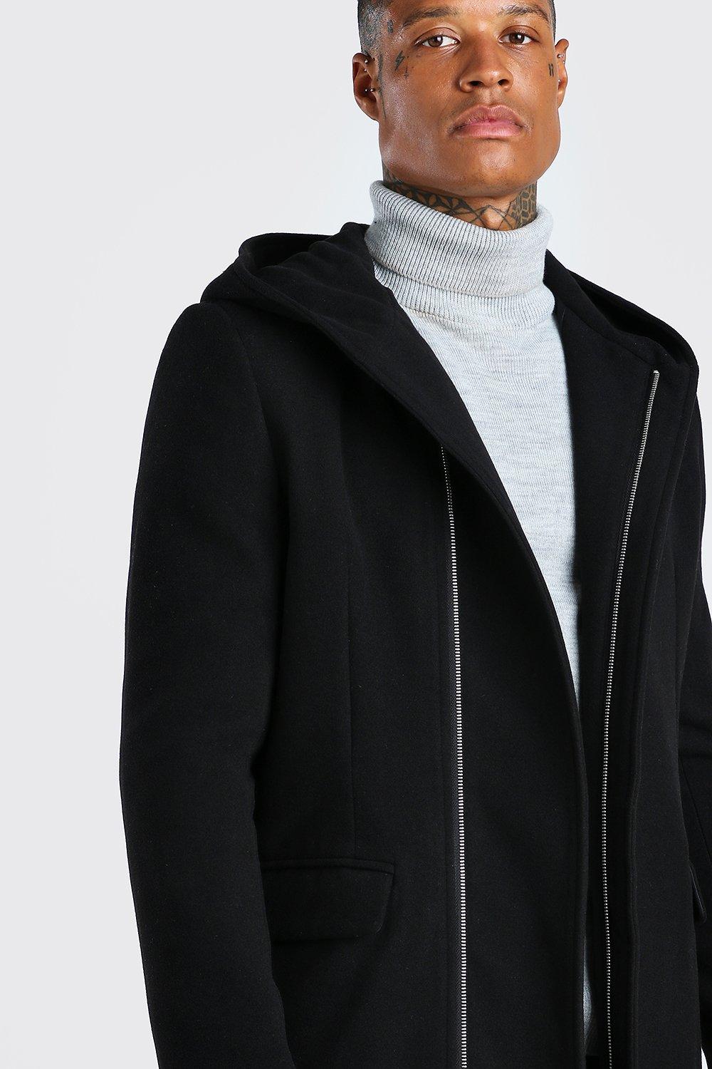 Concealed Zip Through Hooded Overcoat | boohoo Concealed Zip Through Hooded Overcoat | boohoo