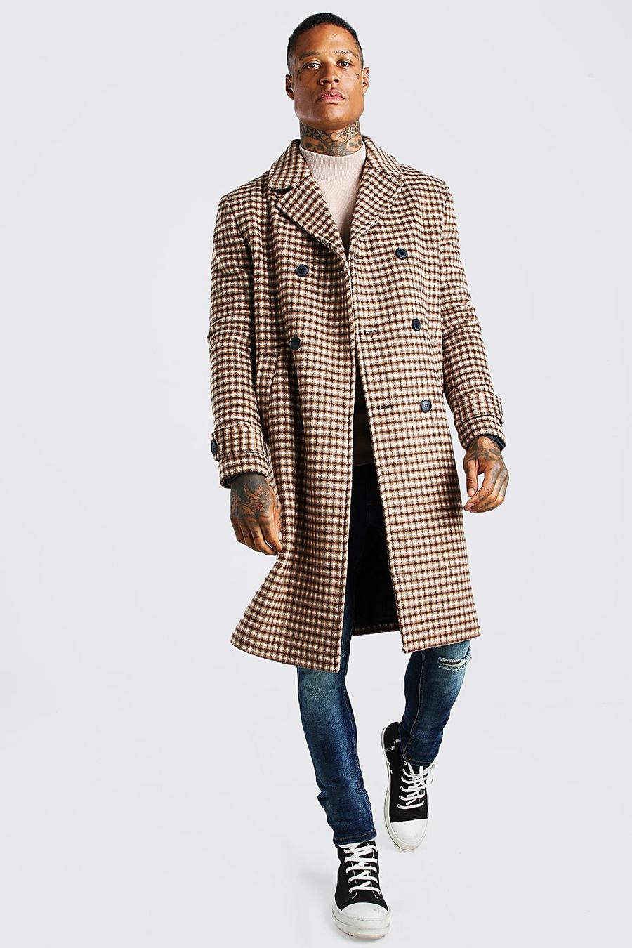 Camel Grid Check Double Breasted Brushed Overcoat image number 1