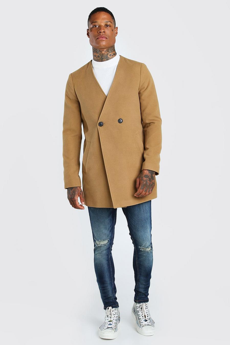 Camel Collarless Smart Double Breasted 2 Button Overcoat image number 1