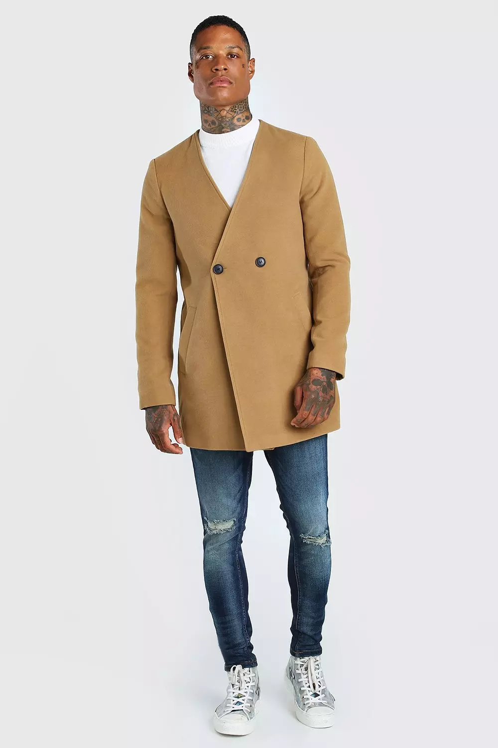 Collarless peacoat store