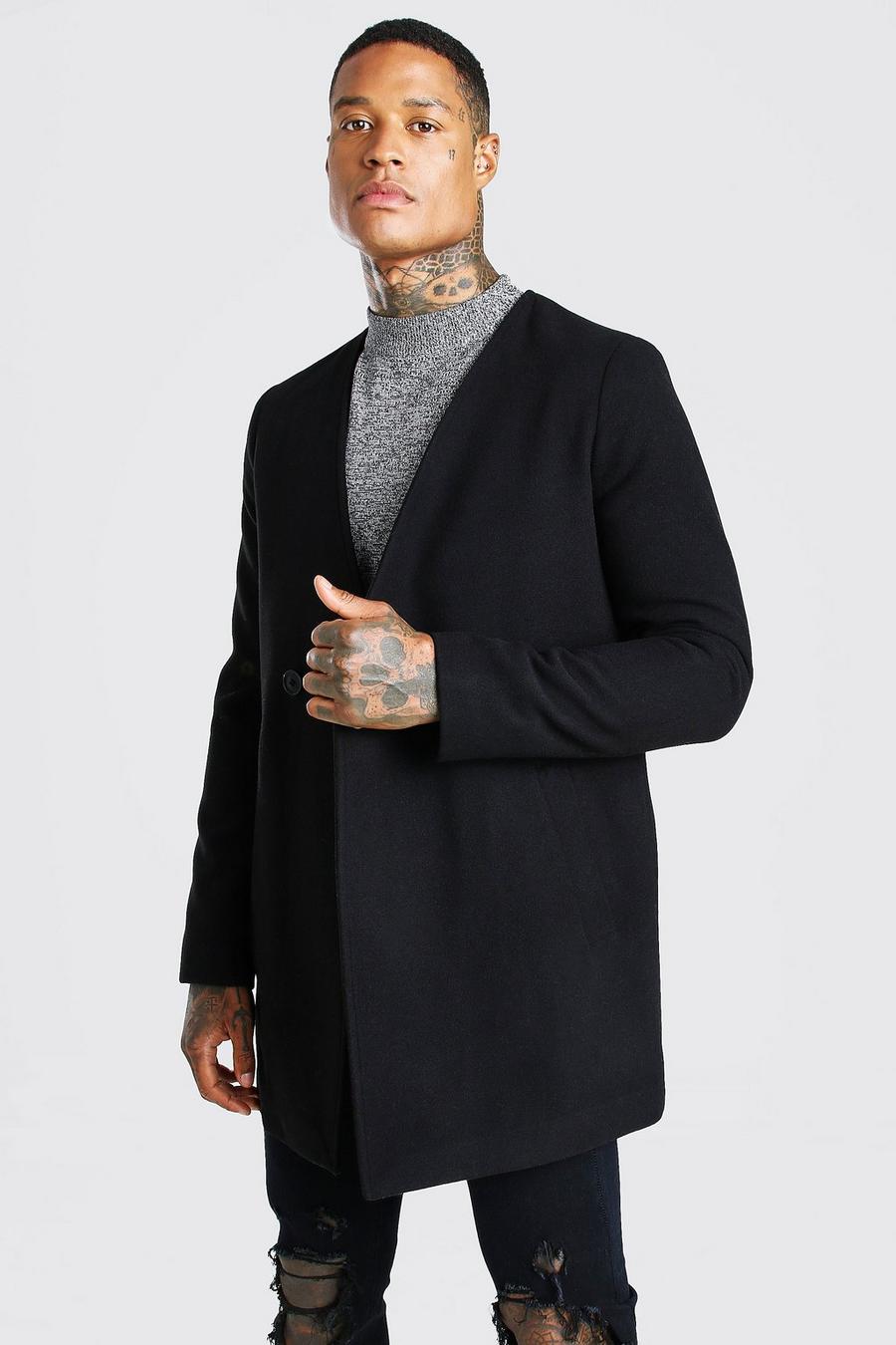 Black Collarless Smart Double Breasted 2 Button Overcoat image number 1