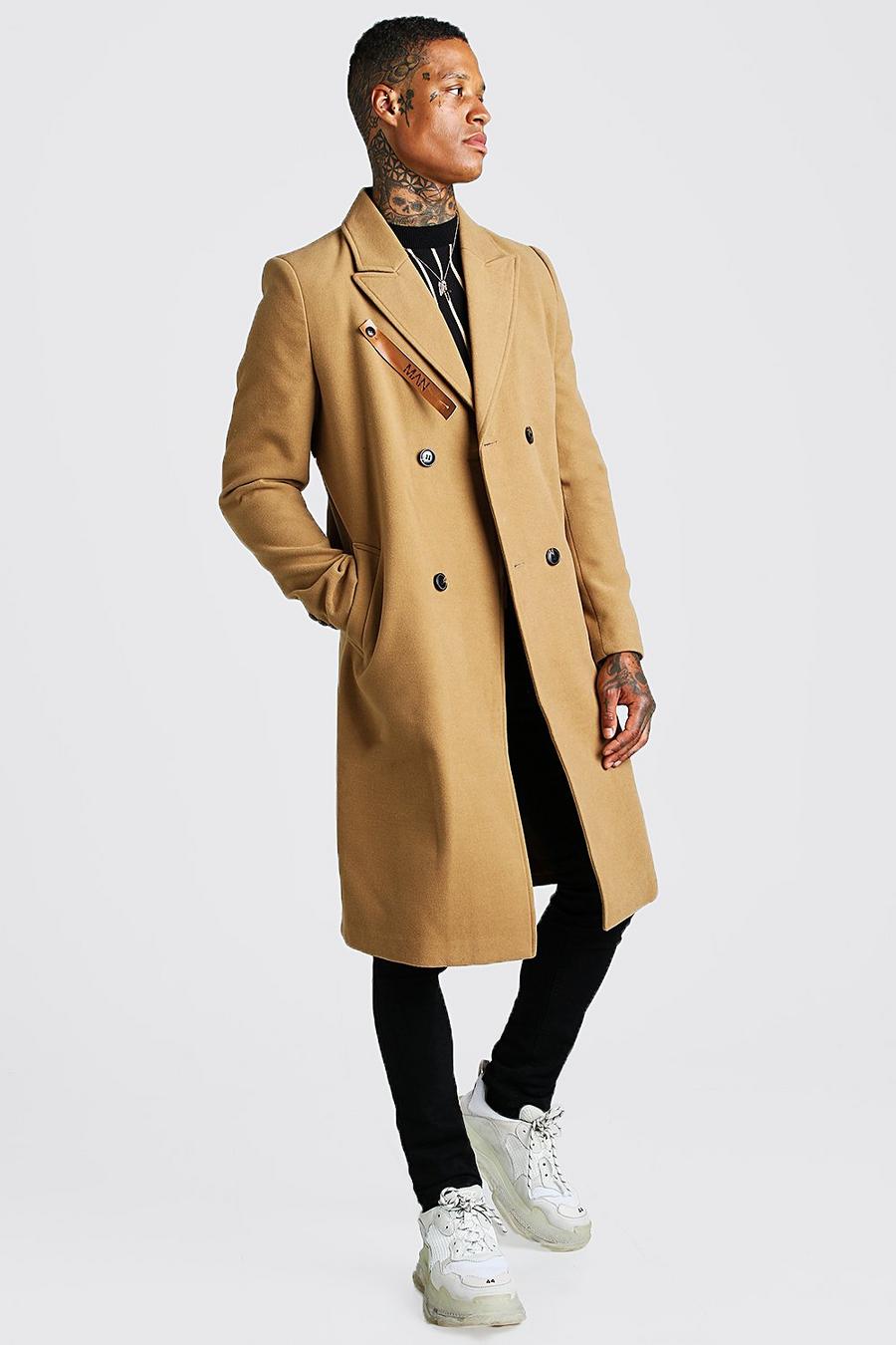 Camel beige Longline Overcoat With Leather Look Fastening image number 1