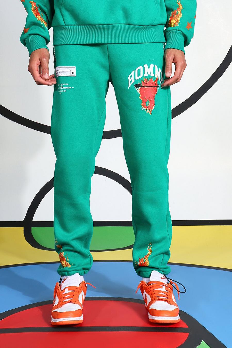 Pantaloni tuta Tall con stampa di fiamme e scritta Homme, Verde image number 1