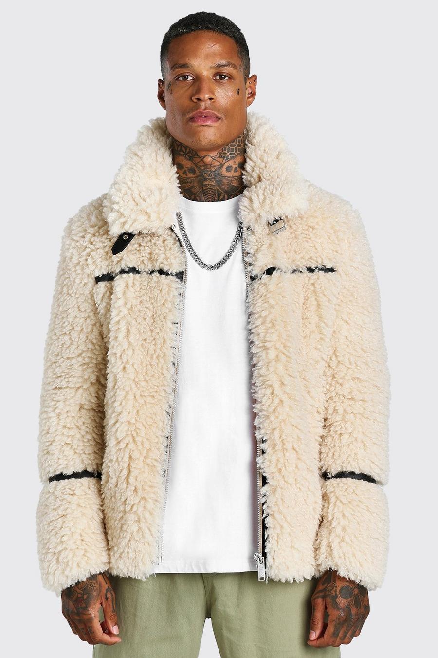 Cream Teddy Faux Fur Aviator With Faux Leather Trims image number 1