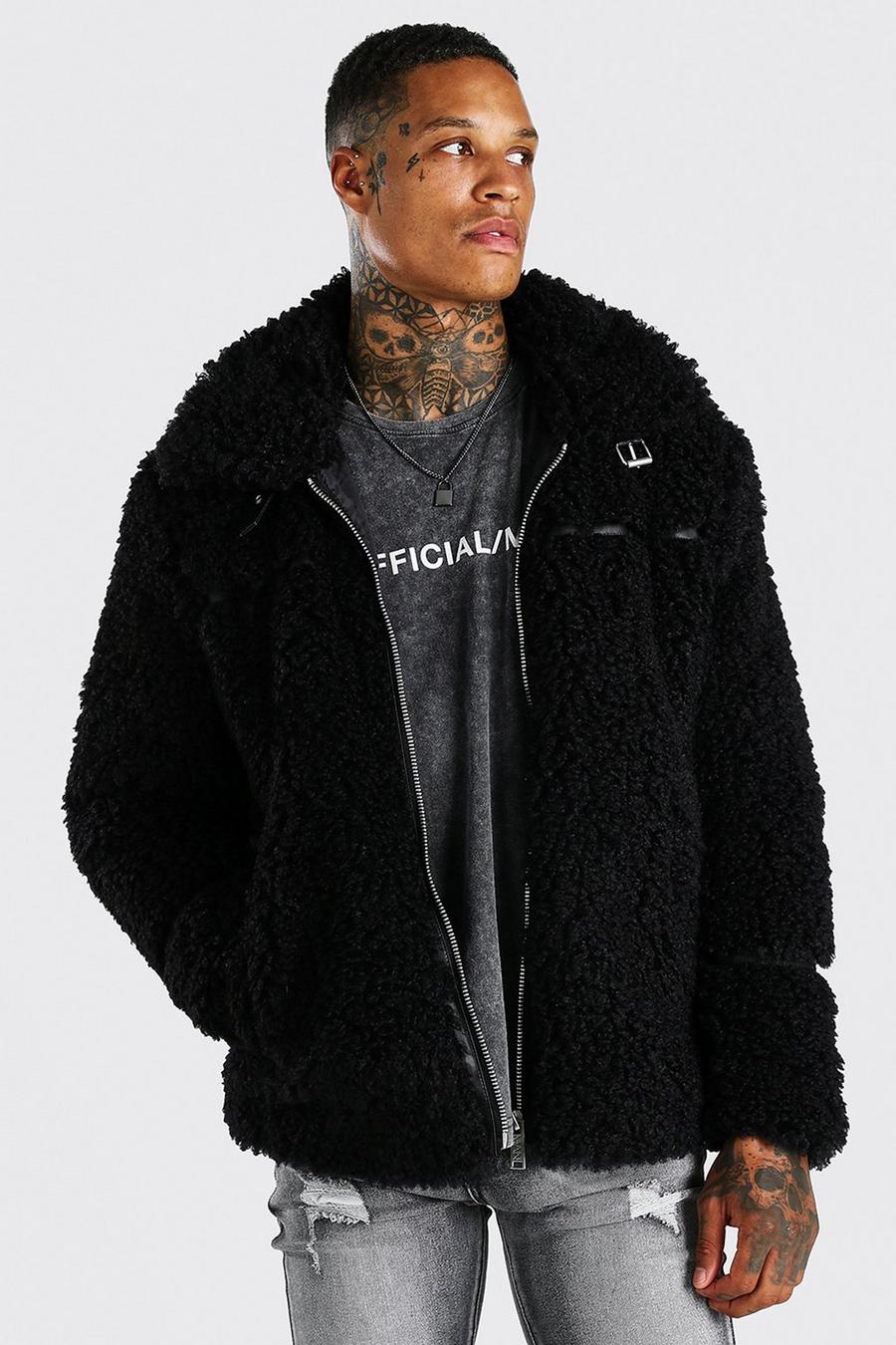 Black Faux Fur Aviator With Faux Leather Trims image number 1