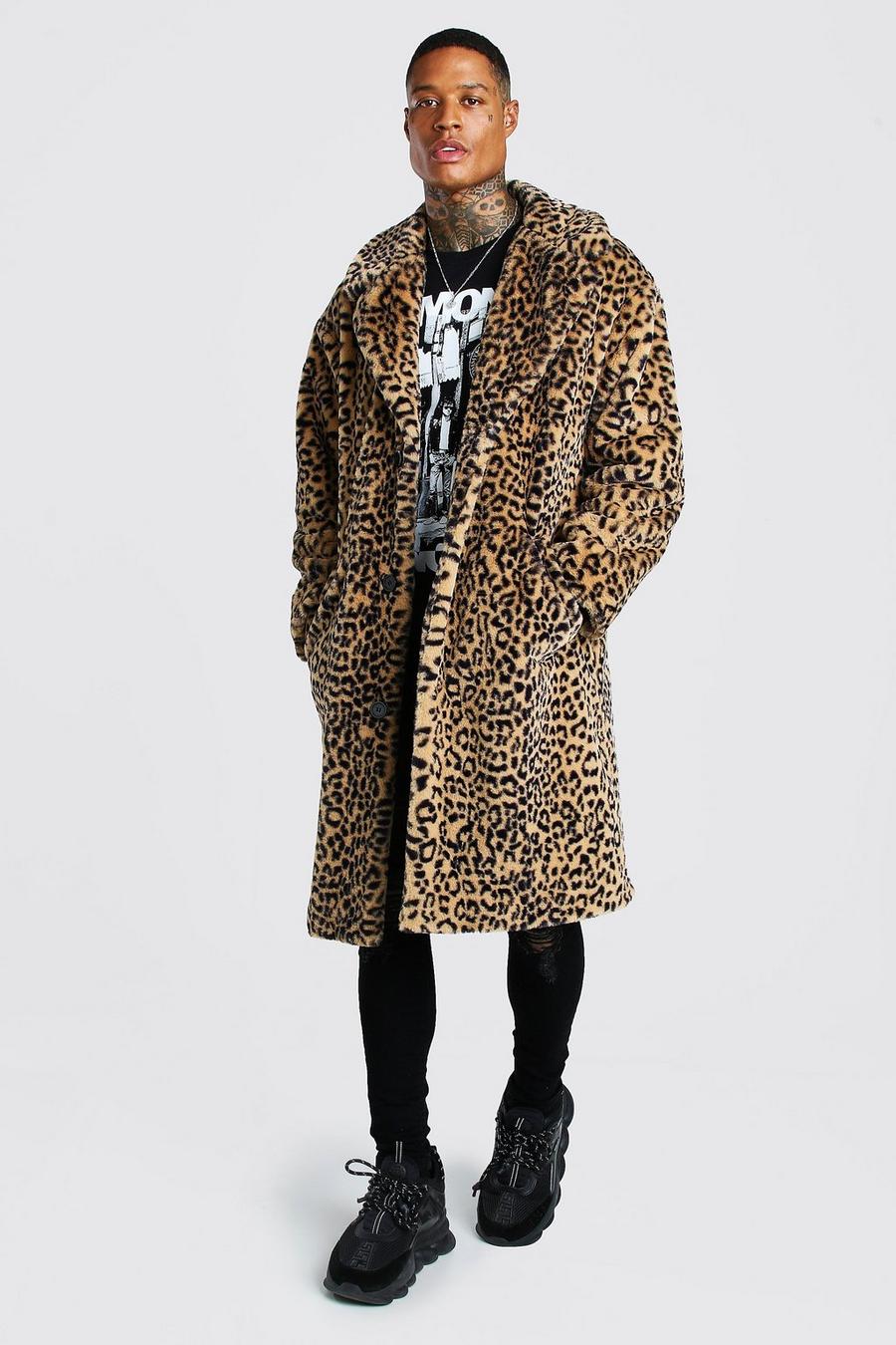 Tan Leopard Faux Fur Longline Jacket image number 1