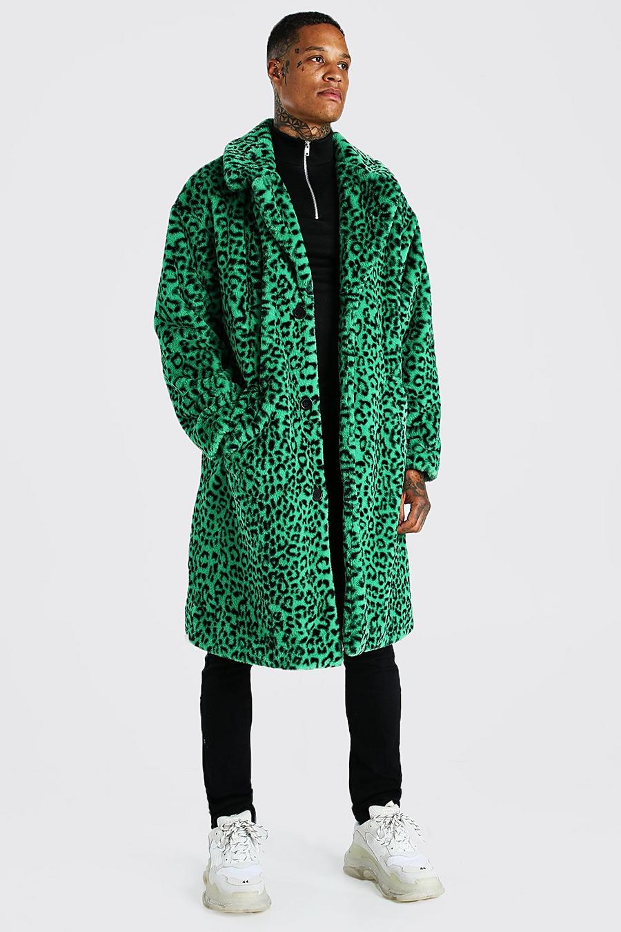 Longline Jacke mit Kunstfell und Leopardenmuster, Grün image number 1