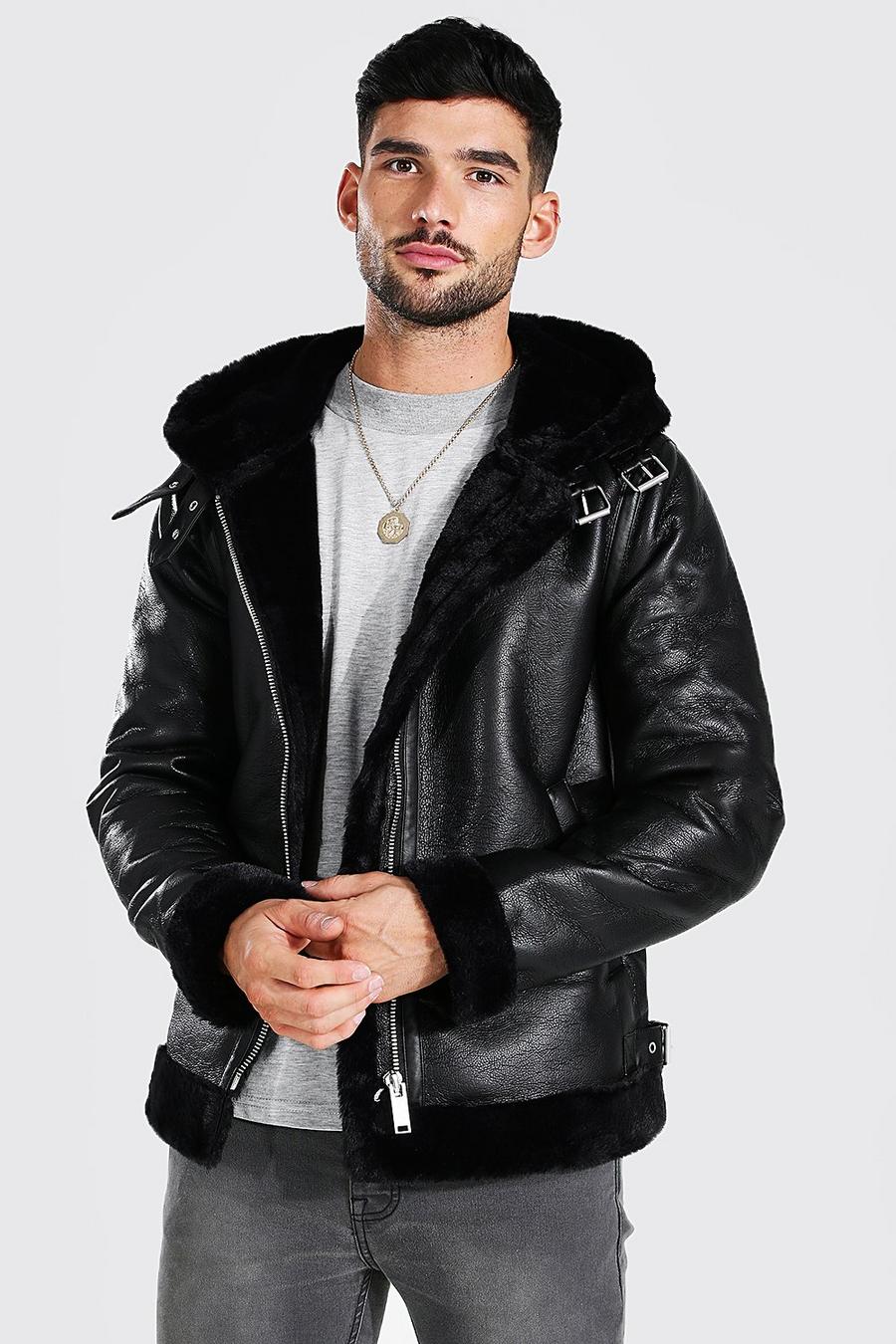 Black Leather Look Aviator With Fur Trim image number 1
