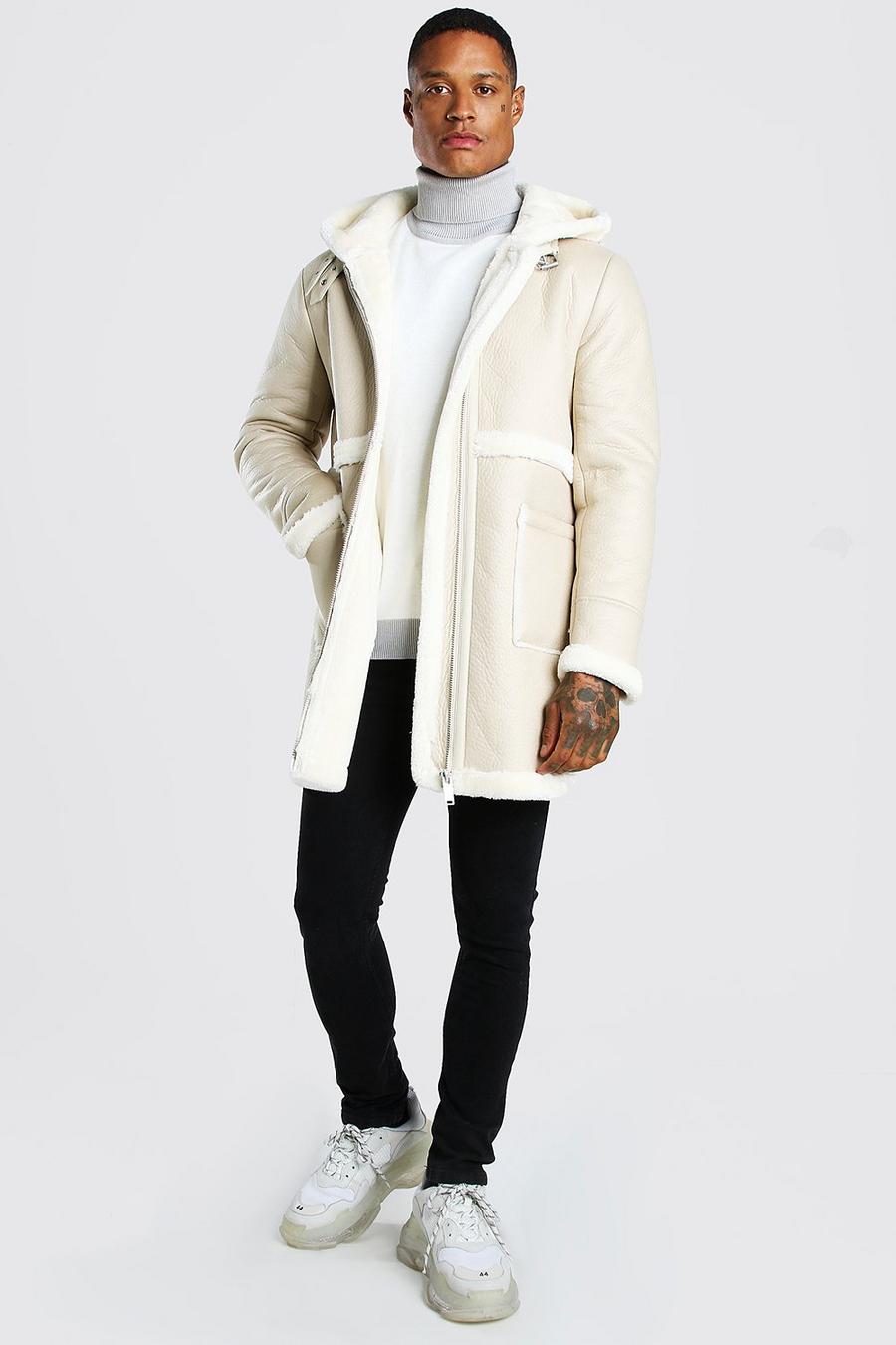 Cream Faux Leather Borg Trim Longline Hooded Aviator image number 1
