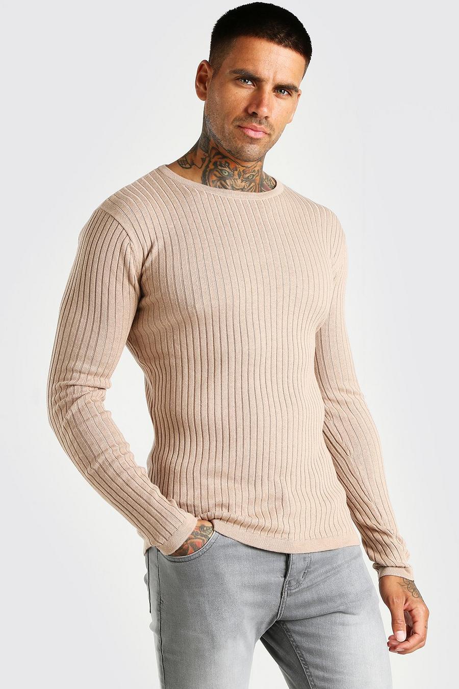 Taupe Muscle Fit Ribbed Crew Neck Jumper image number 1