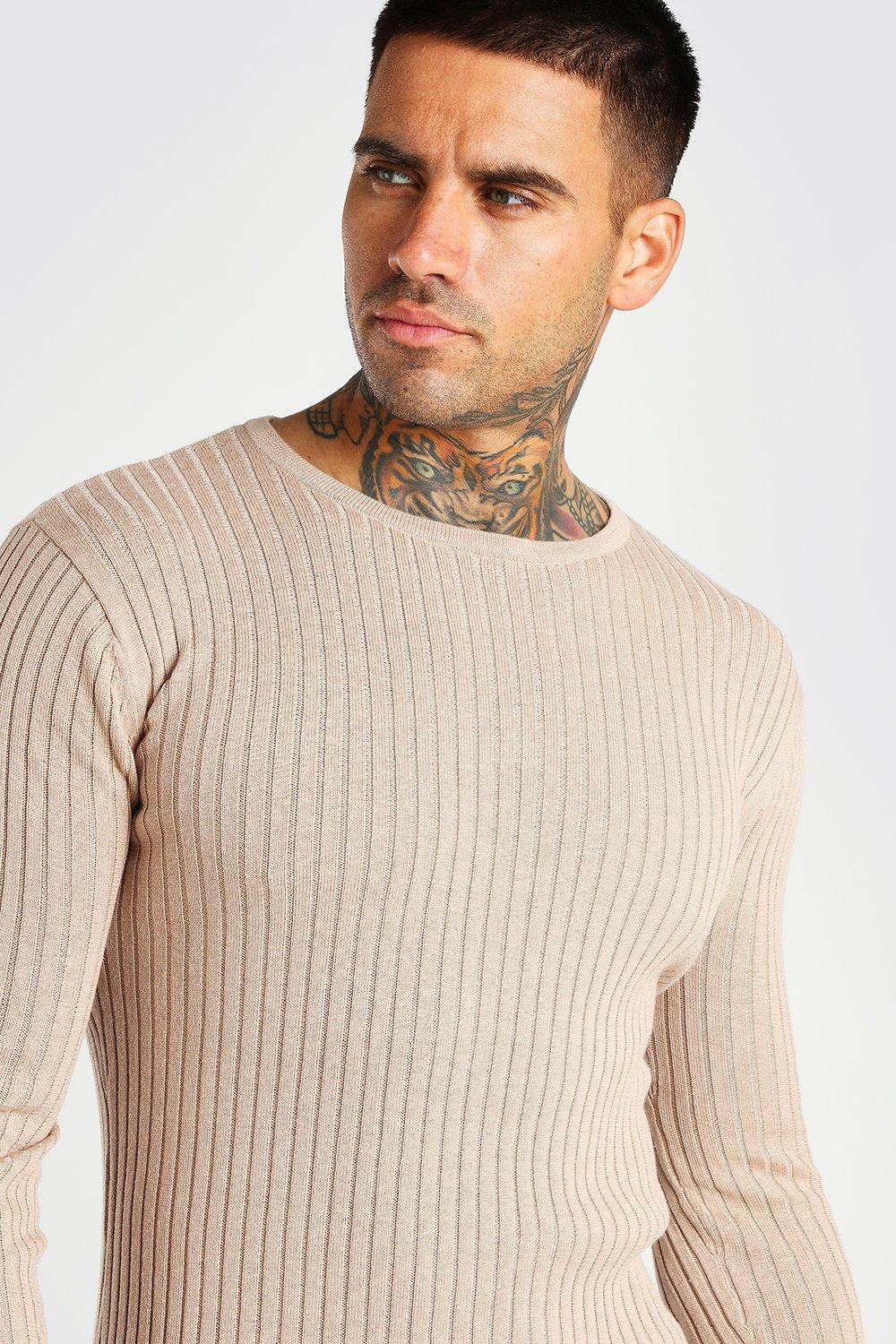 Muscle Fit Ribbed Crew Neck Jumper boohoo