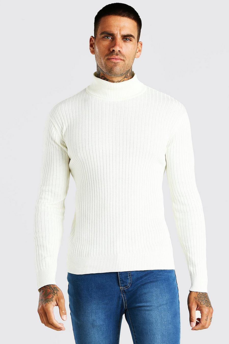 Ecru Muscle Fit Ribbed Turtleneck Sweater image number 1