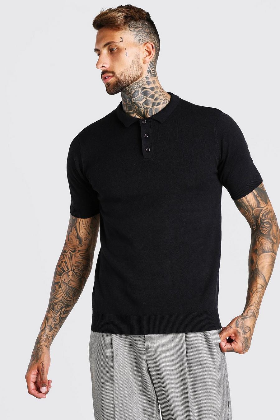 Black Short Sleeve Knitted Polo image number 1