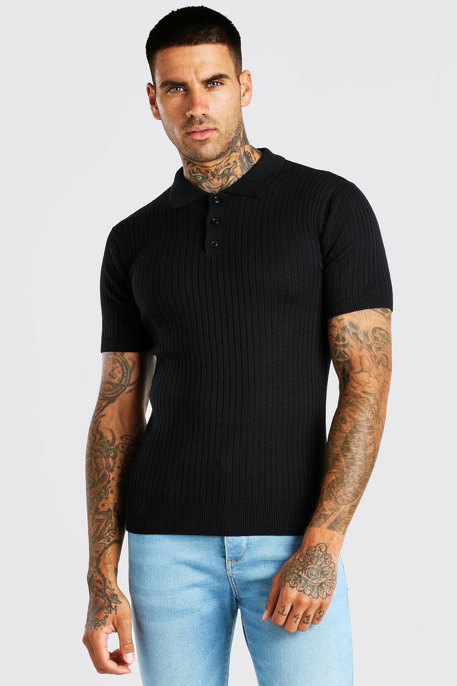 Black Short Sleeve Muscle Fit Ribbed Knit Polo image number 1