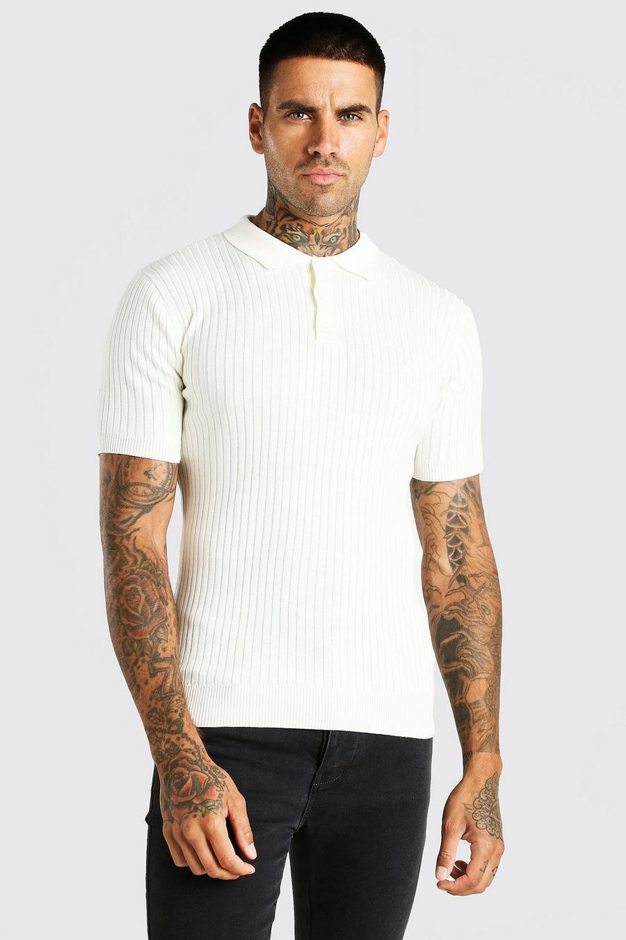 Ivory Short Sleeve Muscle Fit Ribbed Knit Polo image number 1
