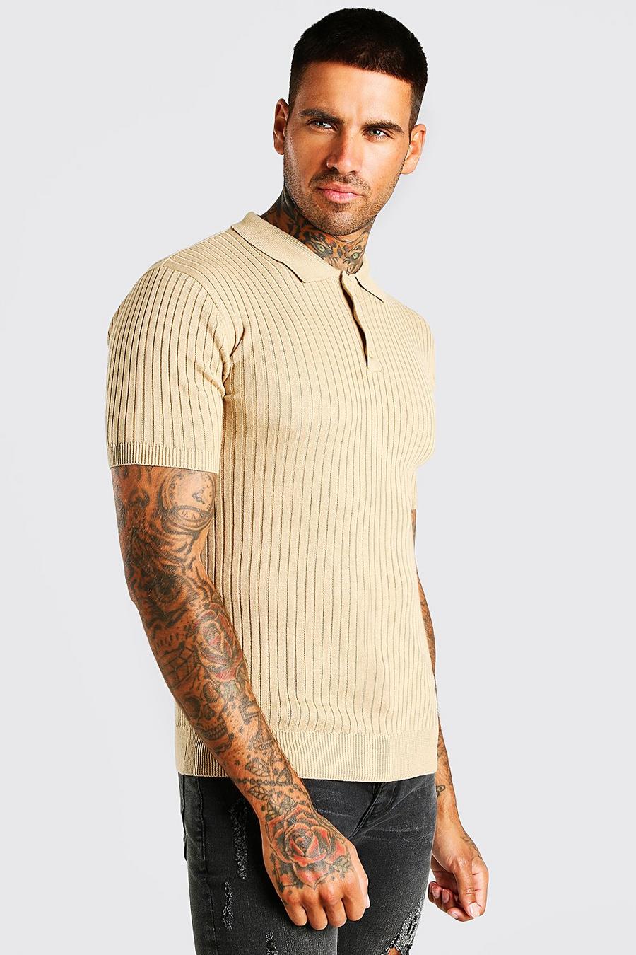 Camel Short Sleeve Muscle Fit Ribbed Knit Polo image number 1