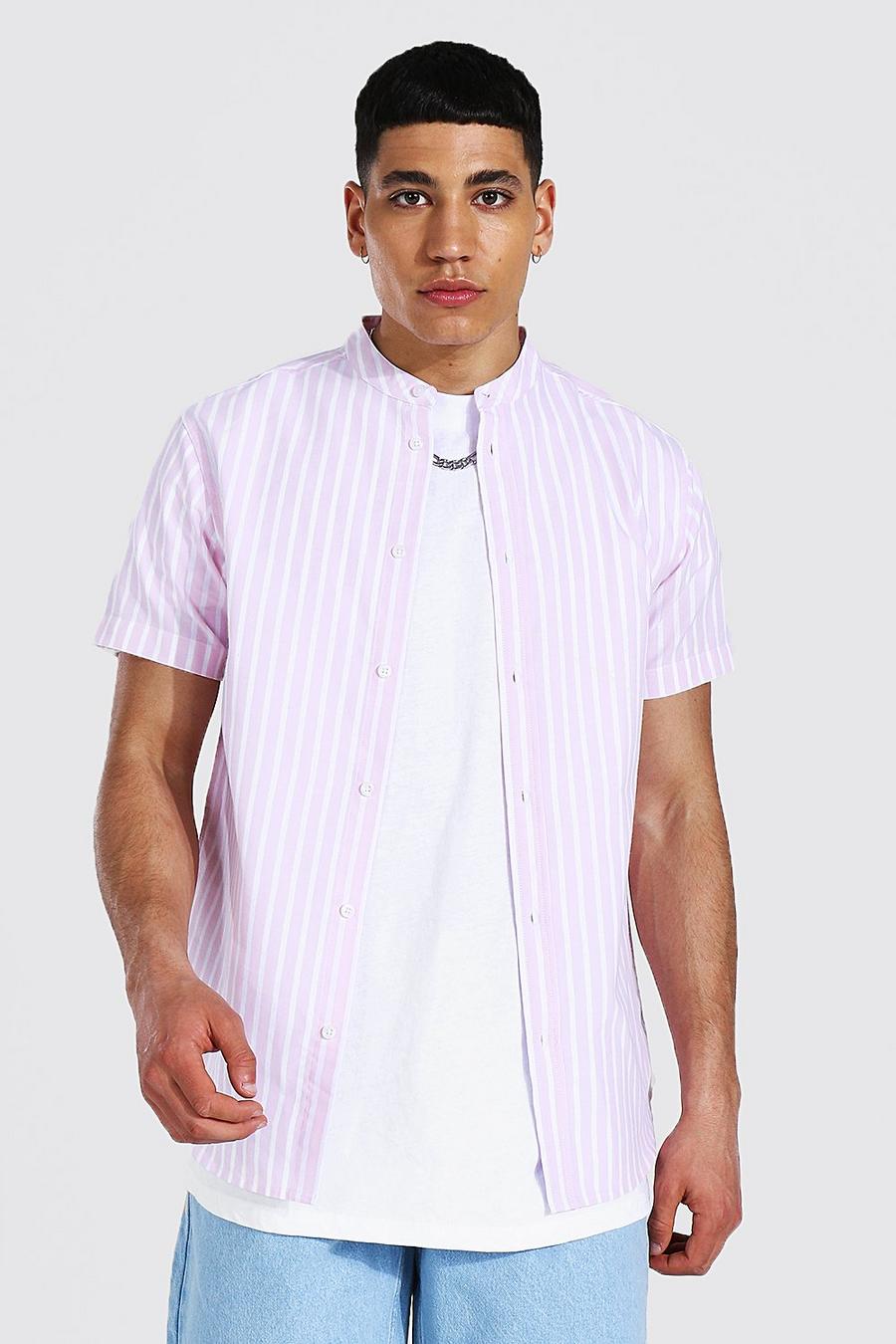 Pink Oxford Stripe Grandad Collar Short Sleeve Shirt image number 1