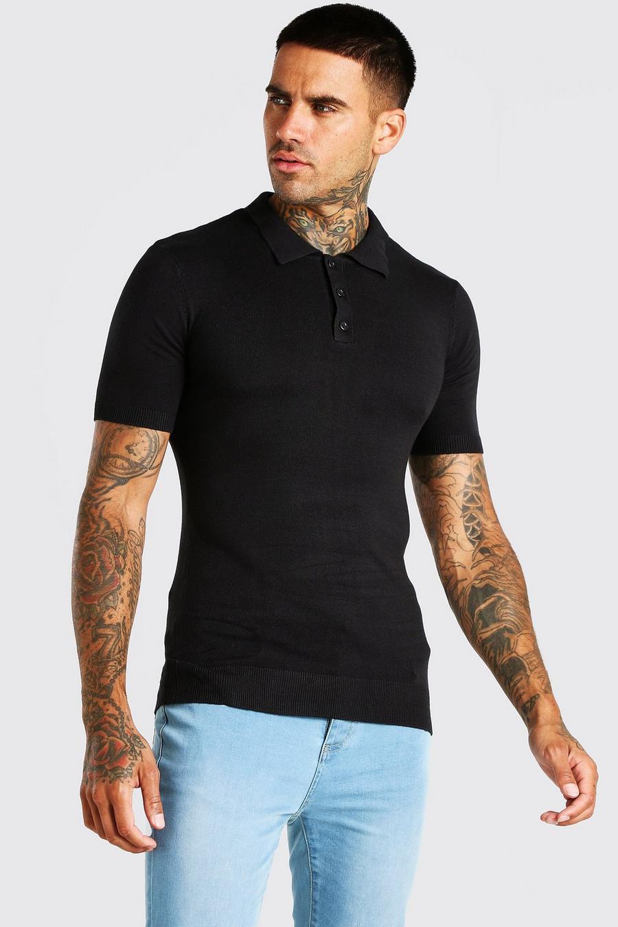 Black Short Sleeve Muscle Fit Knitted Polo image number 1