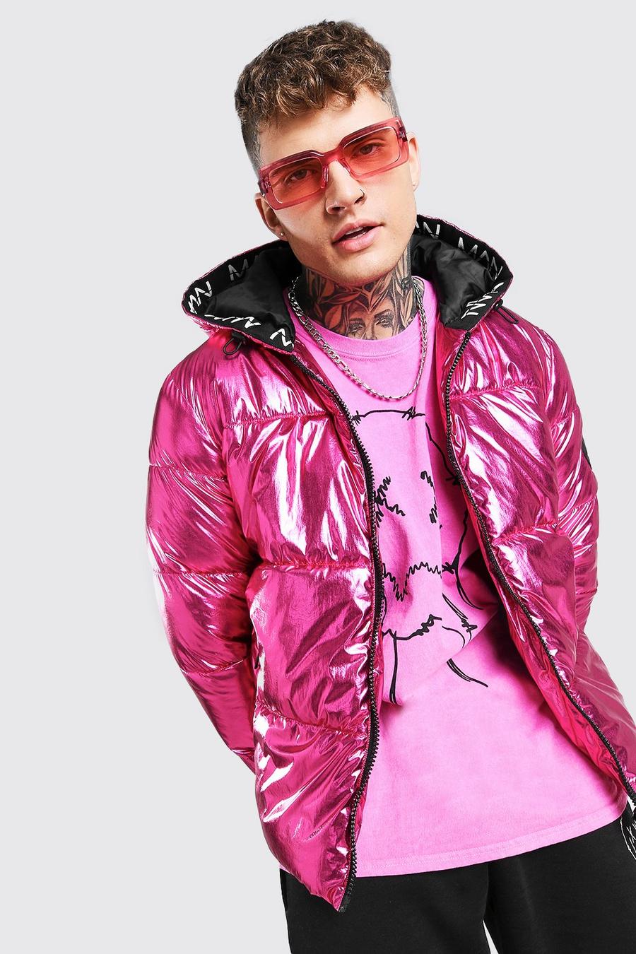 Pink MAN Dash Pufferjacka i metallicfärg med logga och huva image number 1