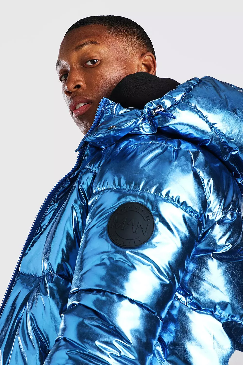 Blue metallic shop puffer jacket