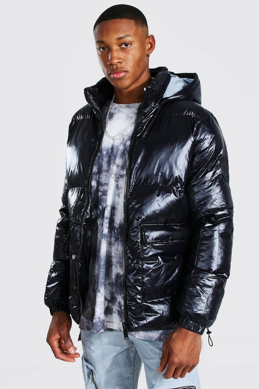 Black High Shine Patch Pocket Puffer With Reflective Hood image number 1