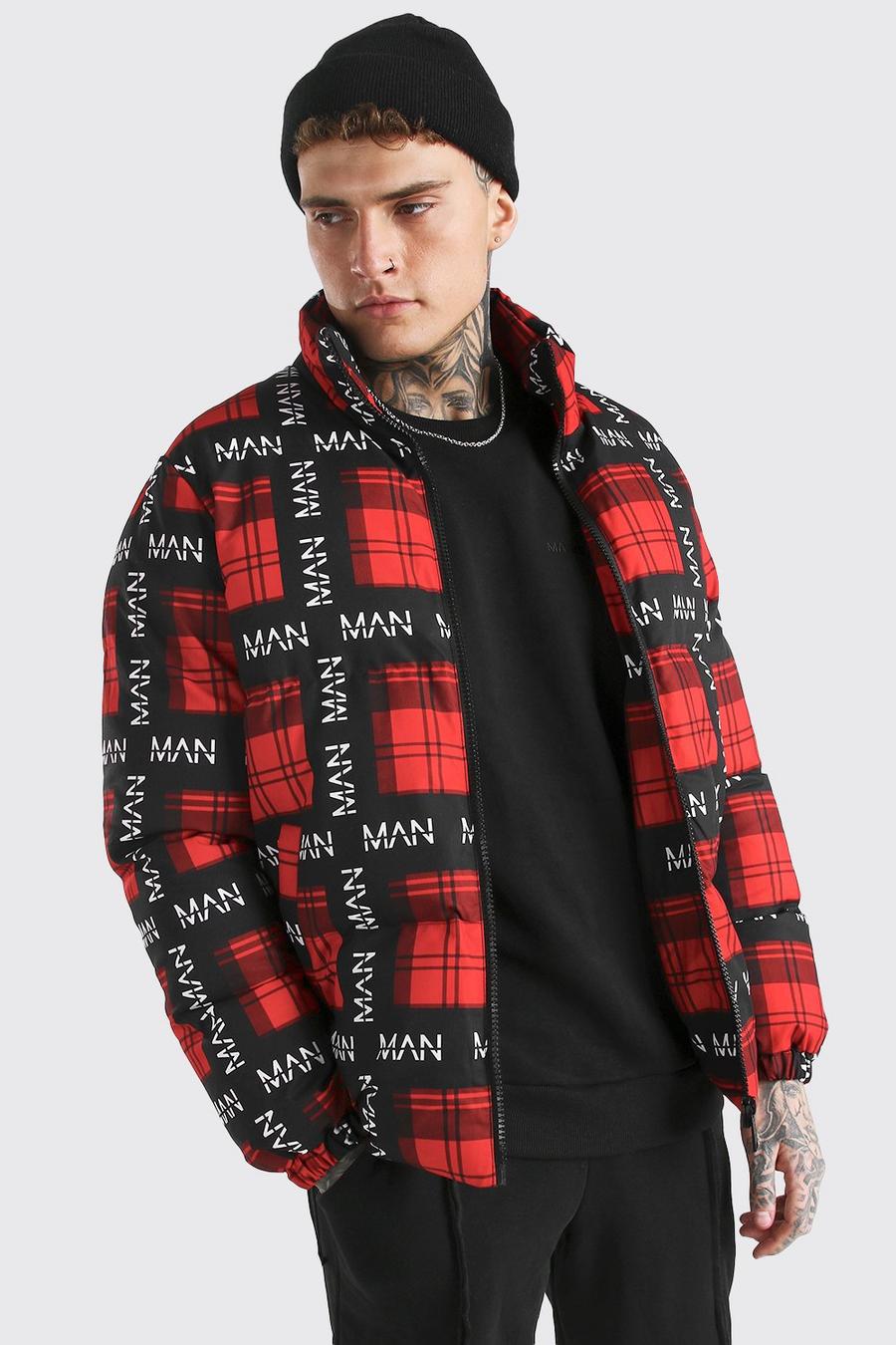 Red Man All Over Branded Check Puffer Jacket image number 1