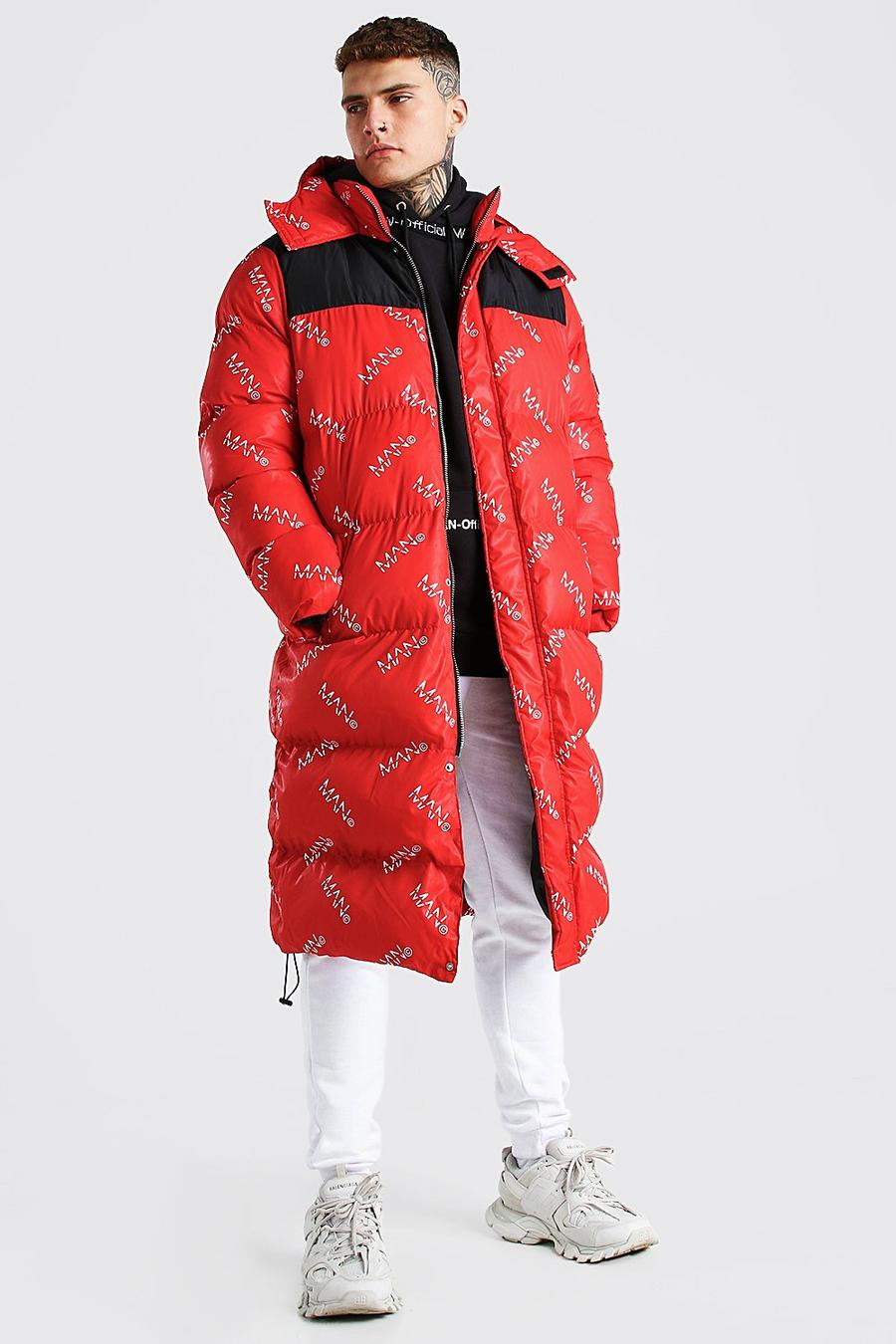 Longline Puffer-Jacke mit durchgehendem MAN-Branding, Rot image number 1
