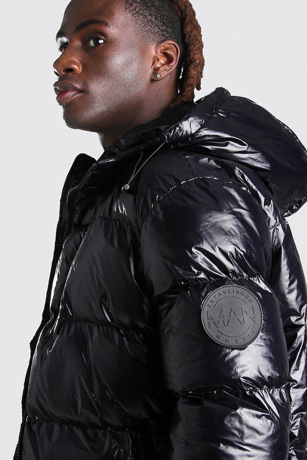 black puffer jacket wet look