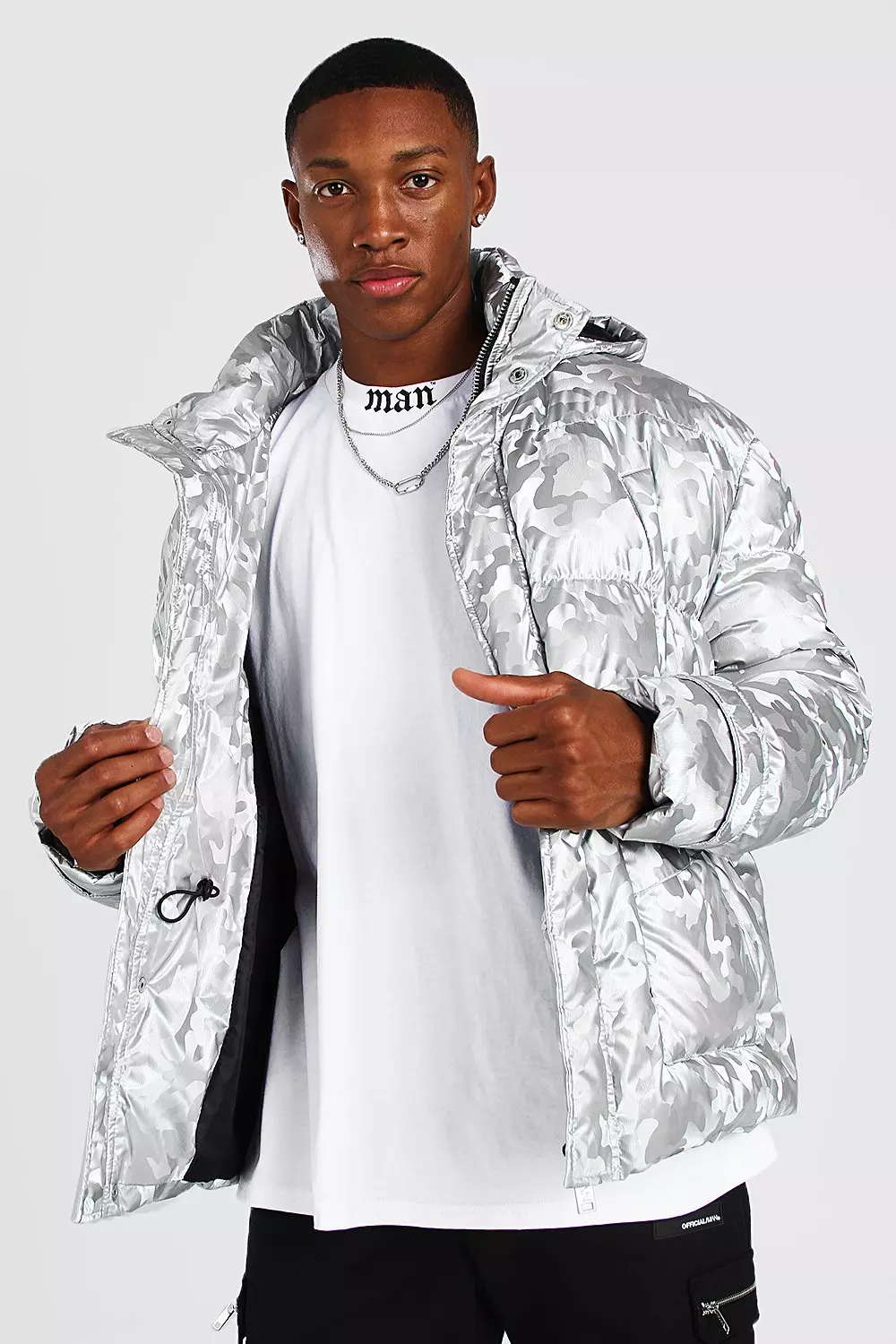 Silver puffer jacket clearance mens