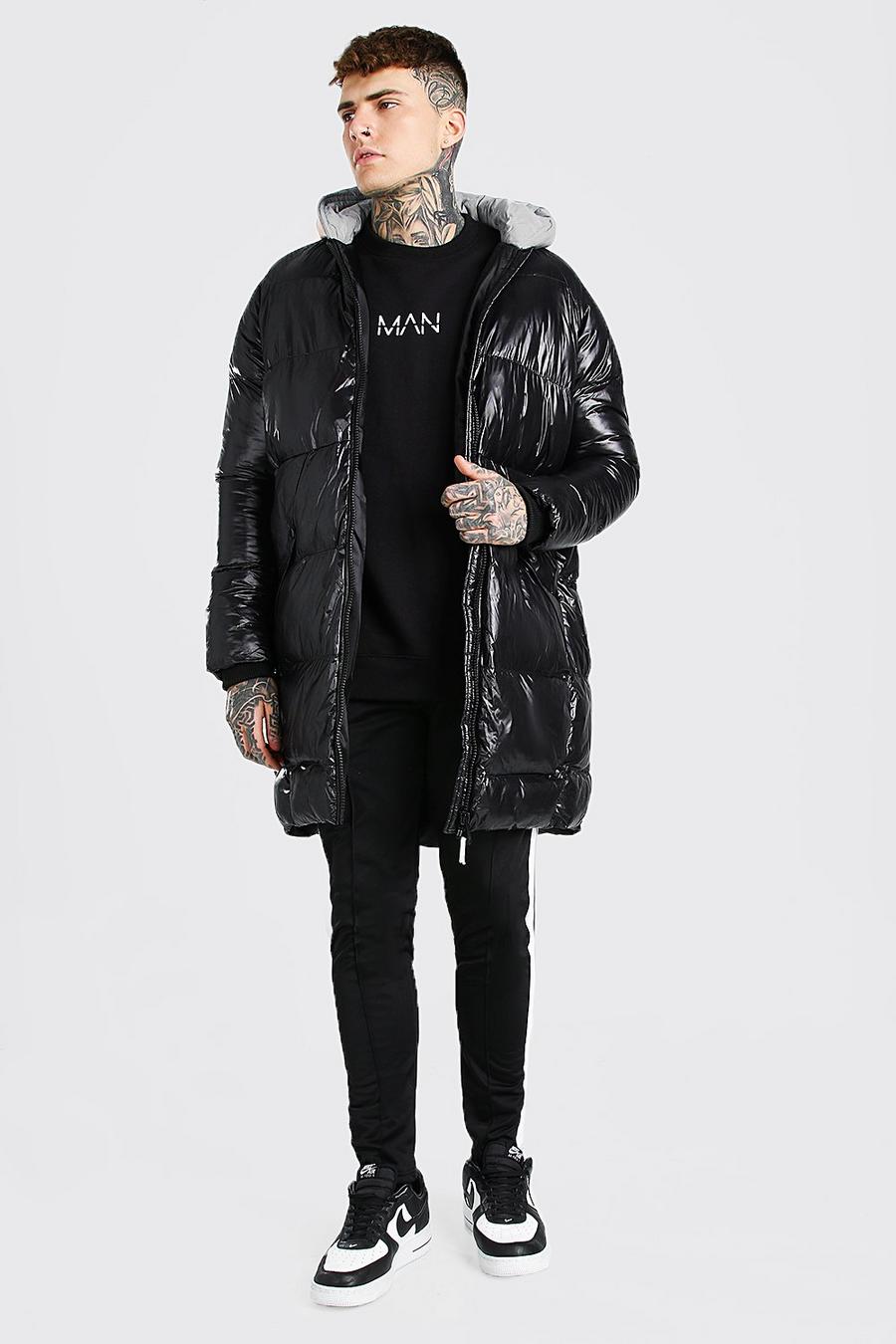Black High Shine Longline Puffer With Reflective Hood image number 1