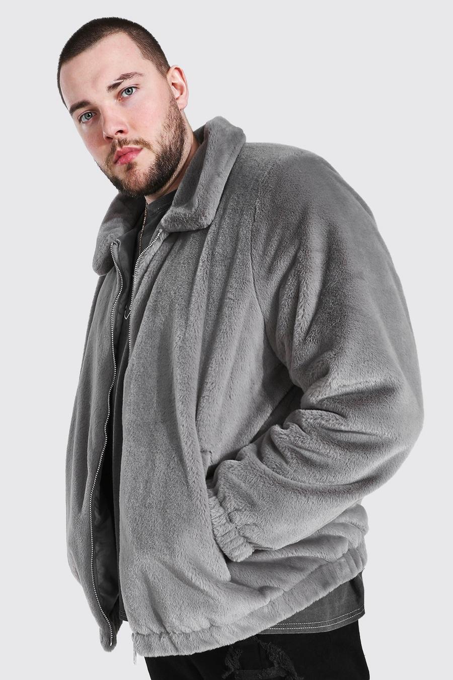Grey Plus Size Faux Fur Collared Bomber Jacket image number 1
