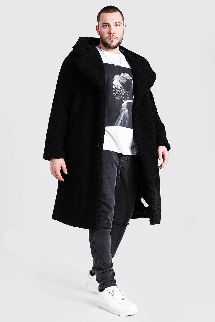 Black Plus Size Borg Hooded Longline Jacket image number 1
