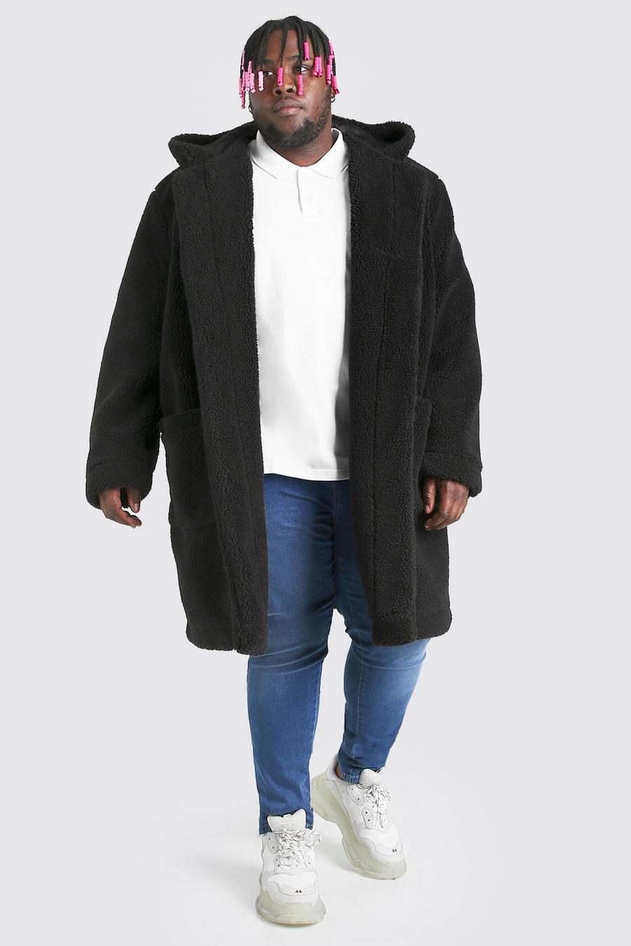 Big And Tall Cappotto in lana grossa con cappuccio in montone sintetico, Nero image number 1