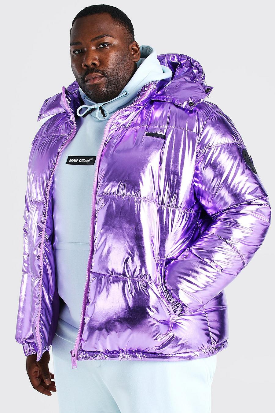 Lilac Plus Size Metallic Funnel Hooded Puffer image number 1