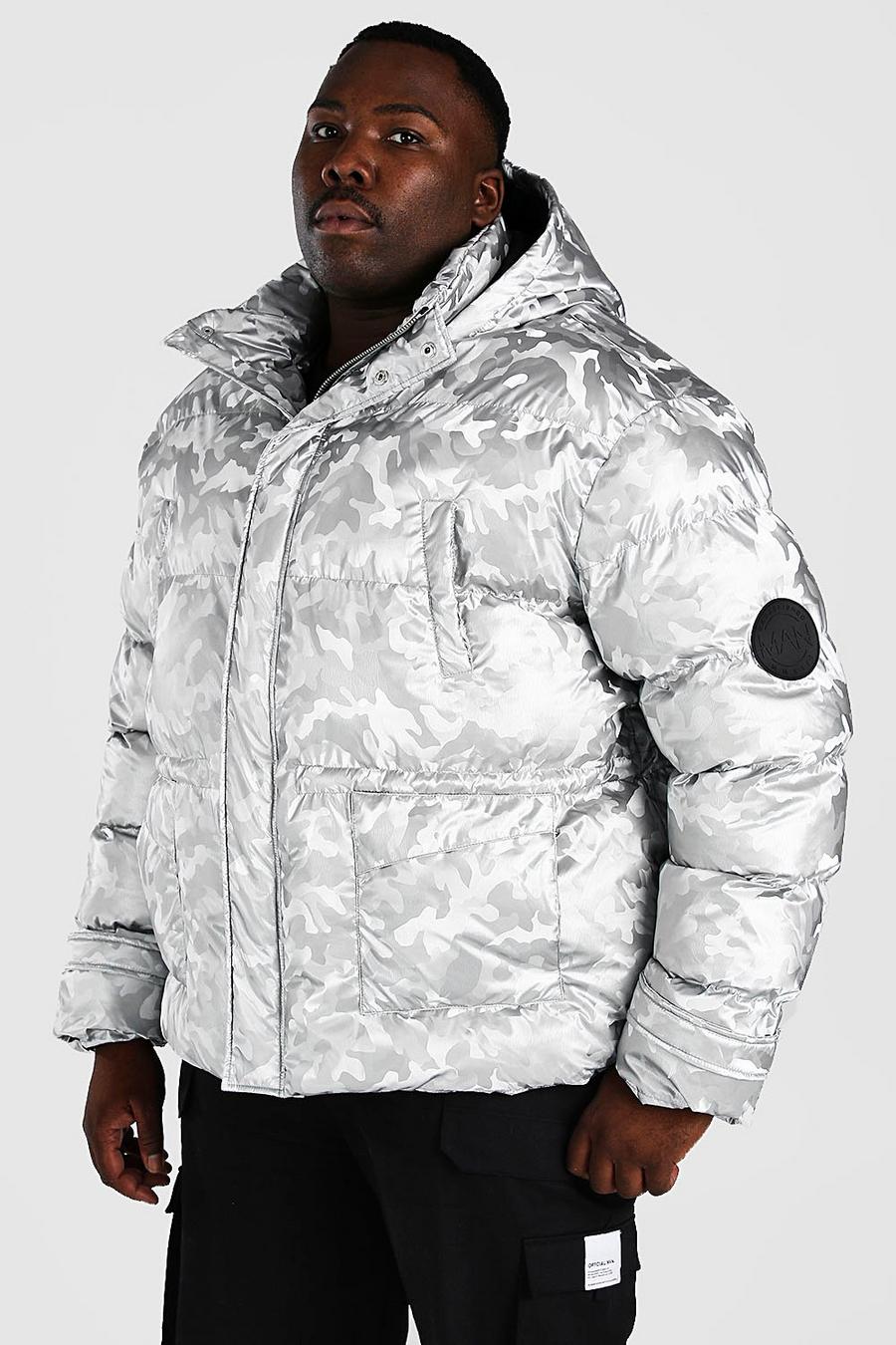 Silver Plus Size Funnel Neck Metallic Camo Puffer image number 1