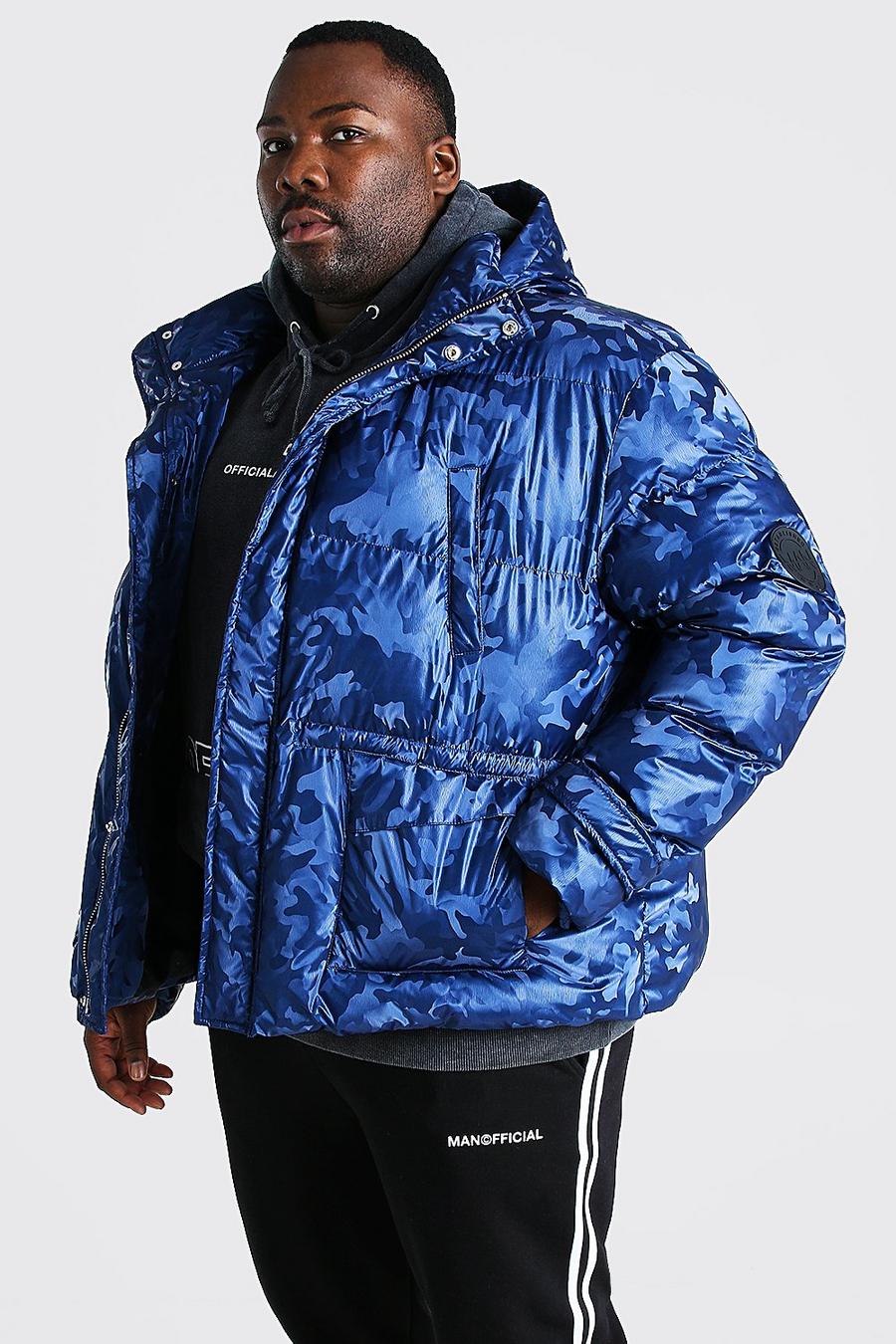 Navy Plus Size Funnel Neck Metallic Camo Puffer image number 1