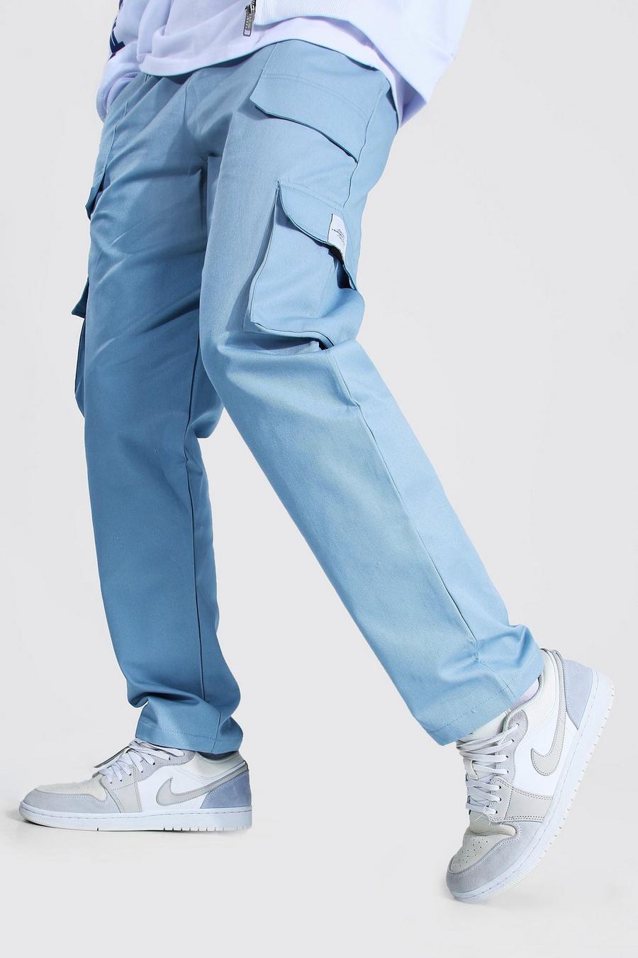 Blue Elastic Waist Relaxed Fit Twill Belt Front Cargo Trouser image number 1