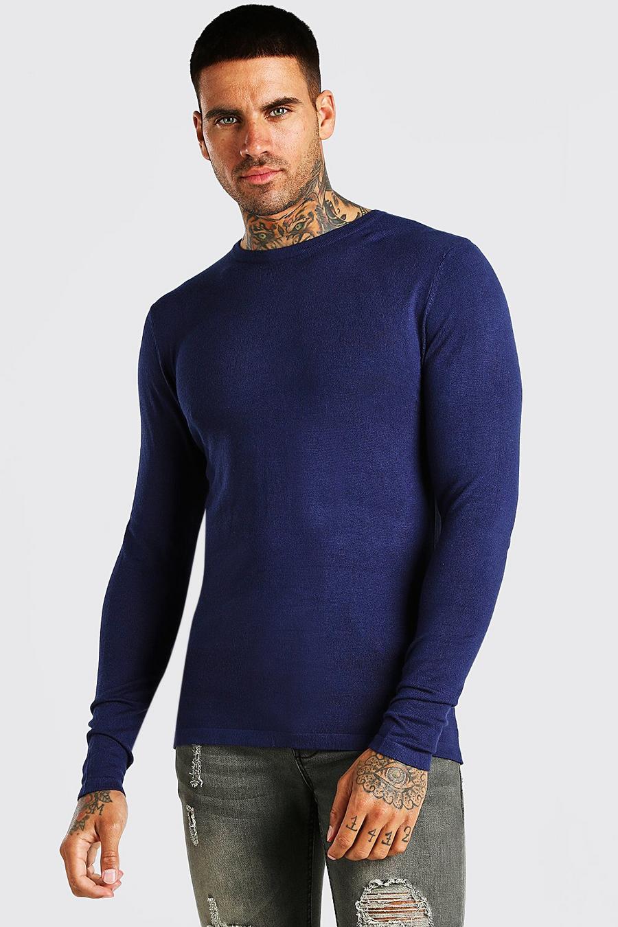Navy Muscle Fit Crew Neck Jumper image number 1