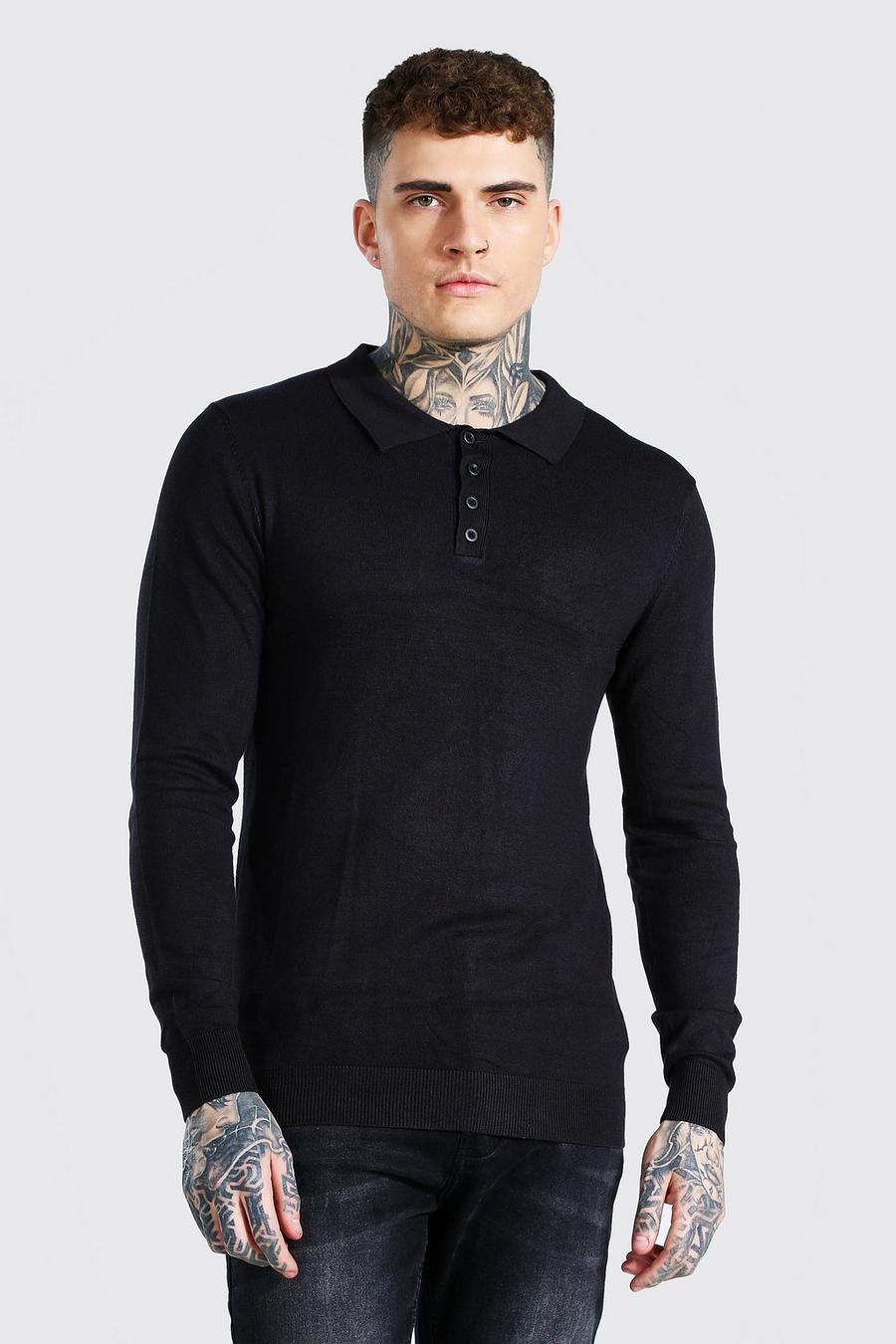 Black Long Sleeve Knitted Polo image number 1