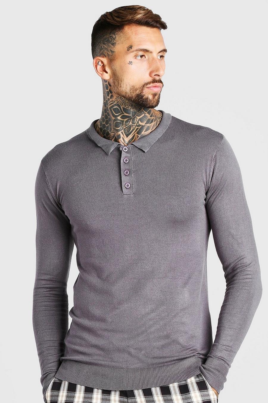Grey Long Sleeve Knitted Polo image number 1
