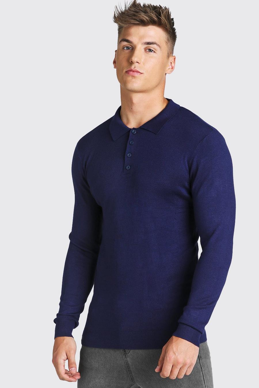 Navy Long Sleeve Knitted Polo image number 1