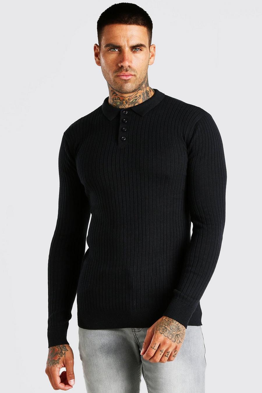 Black Long Sleeve Muscle Fit Ribbed Knit Polo image number 1